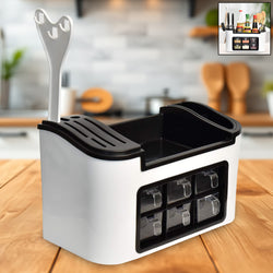 Multifunctional Kitchen Storage Organizer Rack With 6 Spice Containers Knife  Spoon Holder And Top Shelf